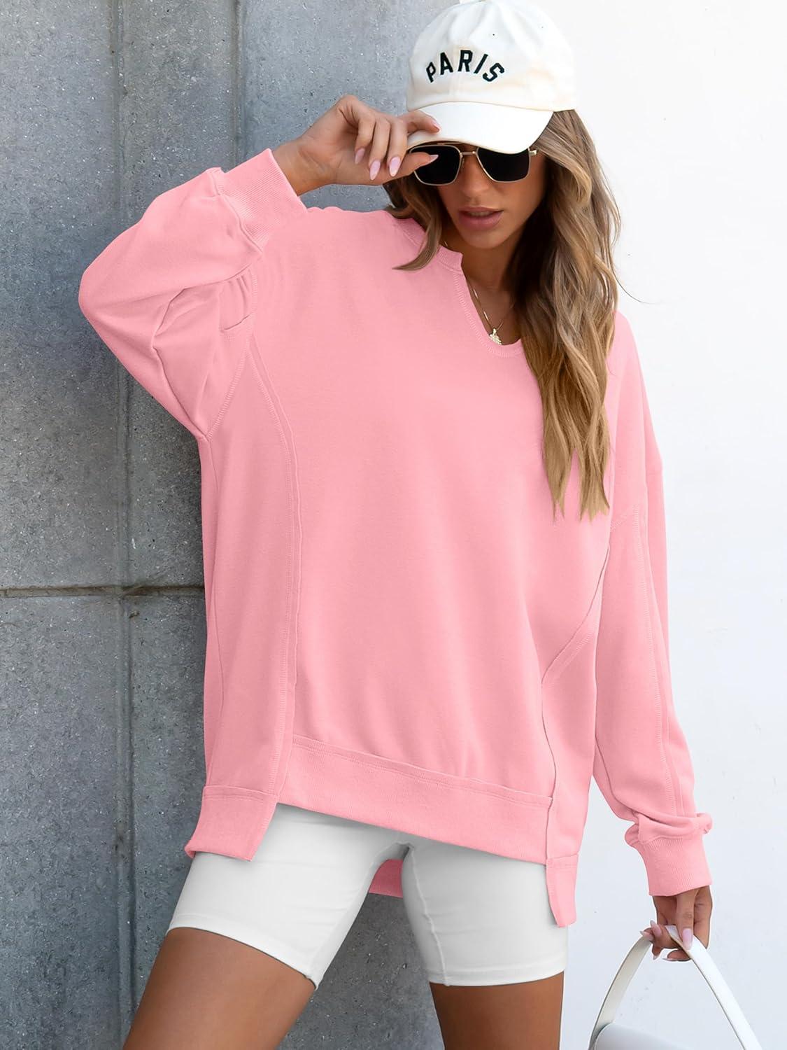 imageANRABESS Womens Oversized Sweatshirts Long Sleeve Tunic Shirts V Neck Loose Pullover Tops 2025 Trendy Fall Teen Girls OutfitPink