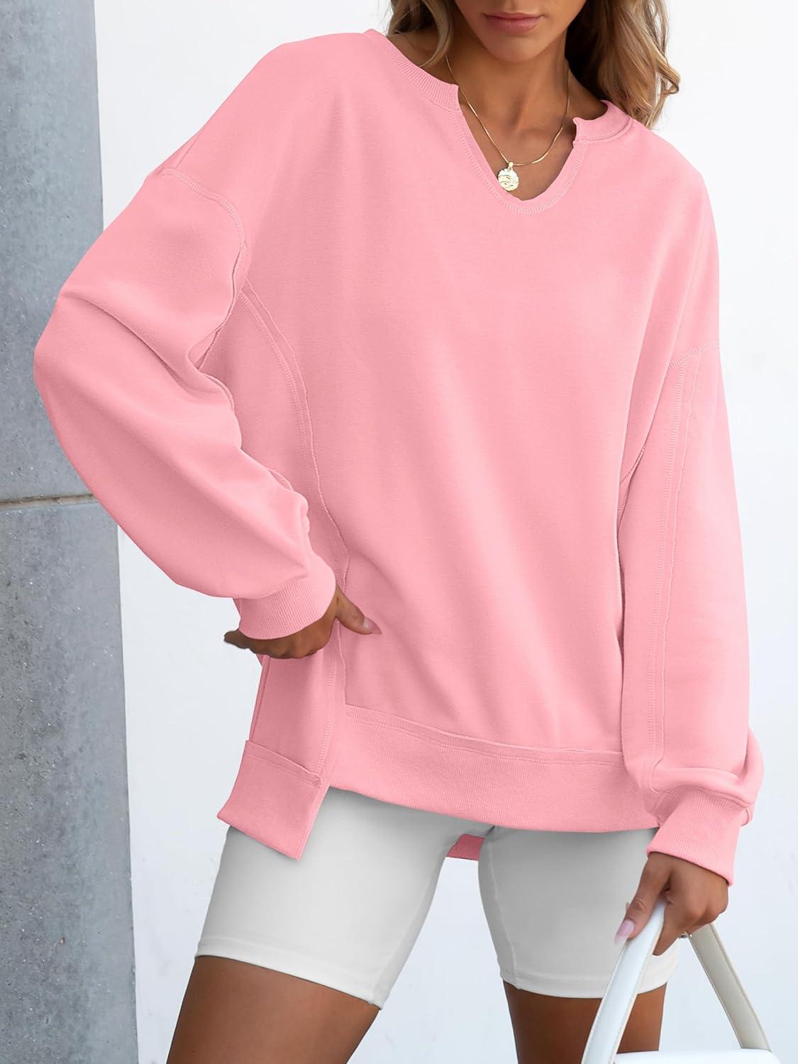 imageANRABESS Womens Oversized Sweatshirts Long Sleeve Tunic Shirts V Neck Loose Pullover Tops 2025 Trendy Fall Teen Girls OutfitPink