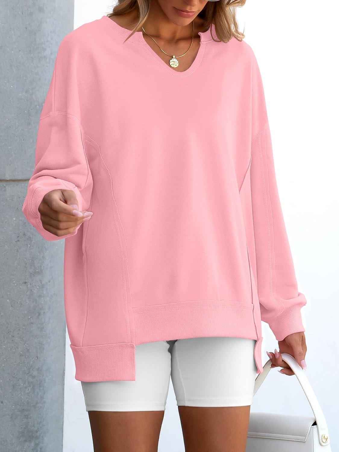 imageANRABESS Womens Oversized Sweatshirts Long Sleeve Tunic Shirts V Neck Loose Pullover Tops 2025 Trendy Fall Teen Girls OutfitPink