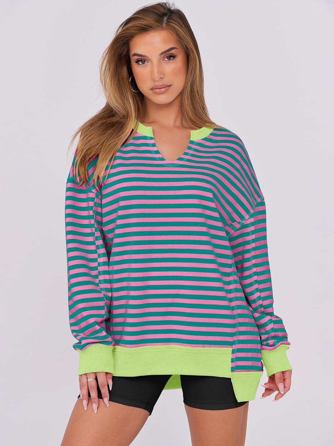 imageANRABESS Womens Oversized Sweatshirts Long Sleeve Tunic Shirts V Neck Loose Pullover Tops 2025 Trendy Fall Teen Girls OutfitPink Green