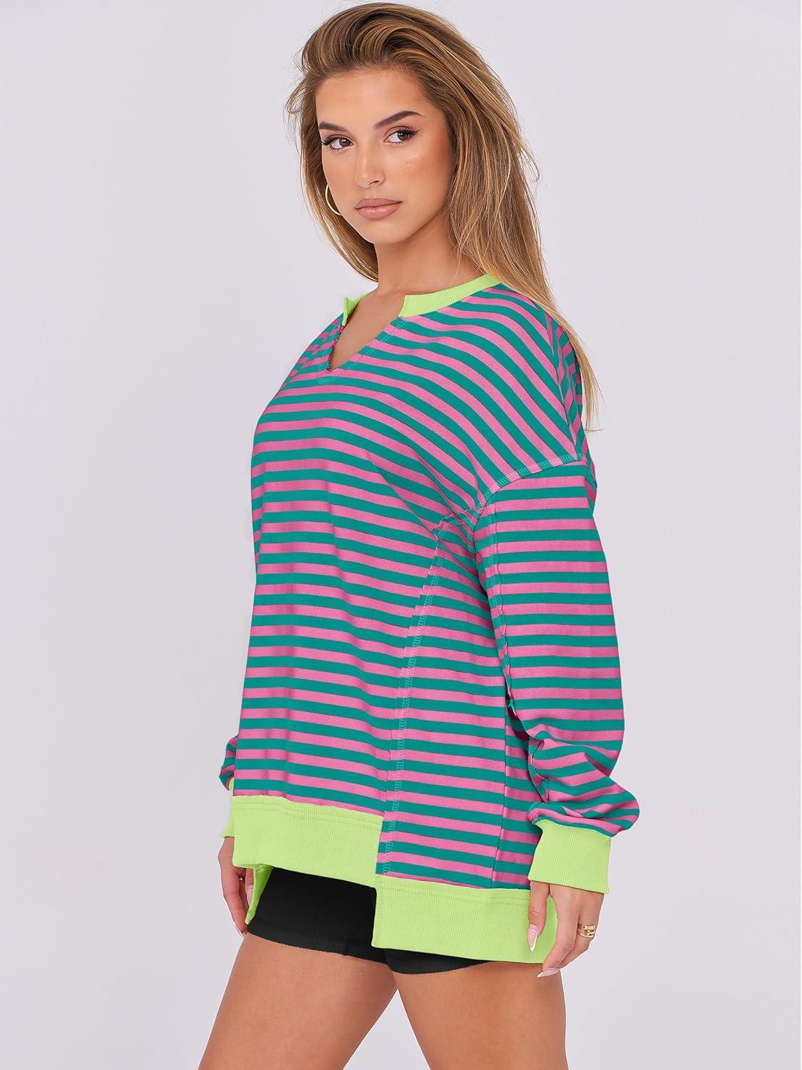 imageANRABESS Womens Oversized Sweatshirts Long Sleeve Tunic Shirts V Neck Loose Pullover Tops 2025 Trendy Fall Teen Girls OutfitPink Green