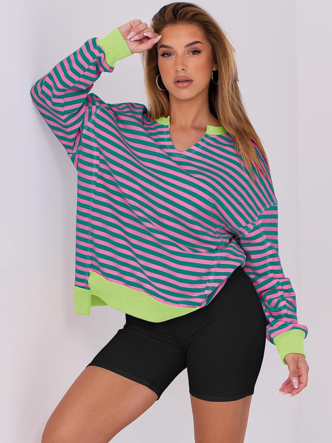 imageANRABESS Womens Oversized Sweatshirts Long Sleeve Tunic Shirts V Neck Loose Pullover Tops 2025 Trendy Fall Teen Girls OutfitPink Green