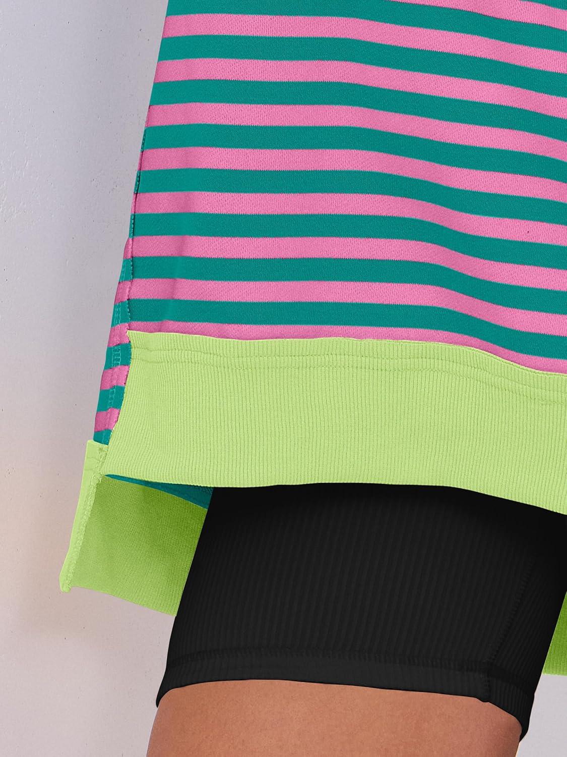 imageANRABESS Womens Oversized Sweatshirts Long Sleeve Tunic Shirts V Neck Loose Pullover Tops 2025 Trendy Fall Teen Girls OutfitPink Green