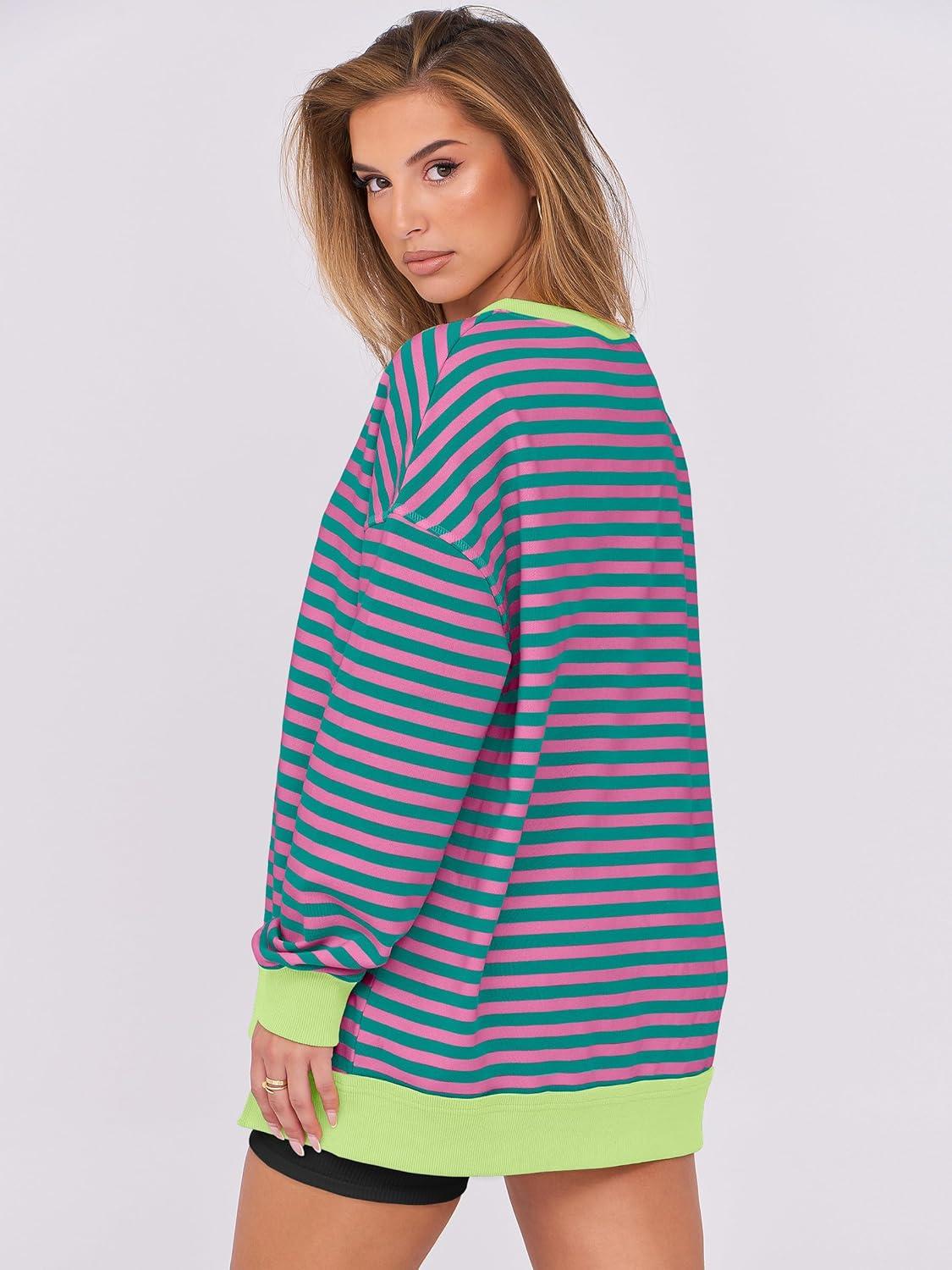 imageANRABESS Womens Oversized Sweatshirts Long Sleeve Tunic Shirts V Neck Loose Pullover Tops 2025 Trendy Fall Teen Girls OutfitPink Green