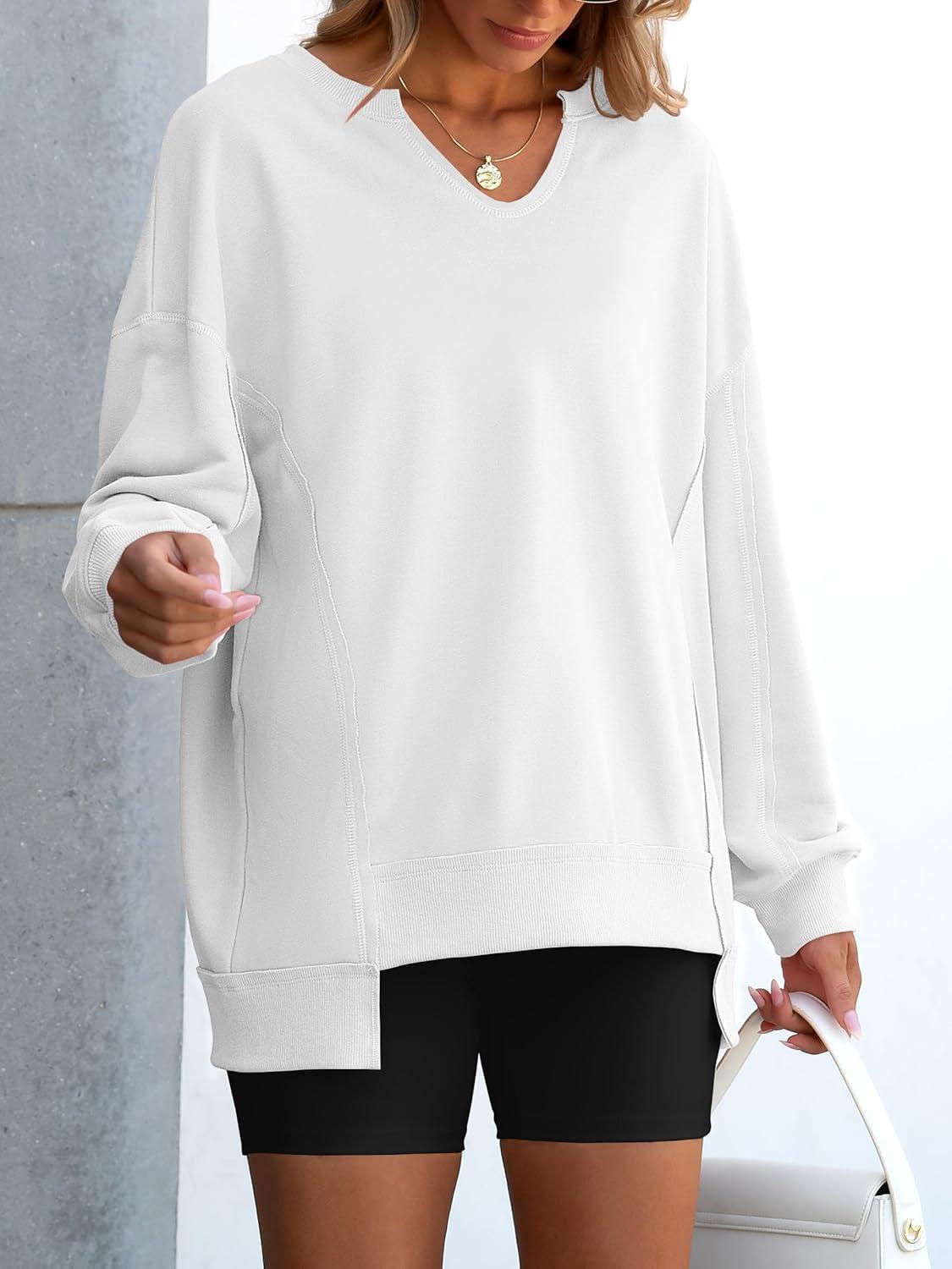 imageANRABESS Womens Oversized Sweatshirts Long Sleeve Tunic Shirts V Neck Loose Pullover Tops 2025 Trendy Fall Teen Girls OutfitWhite