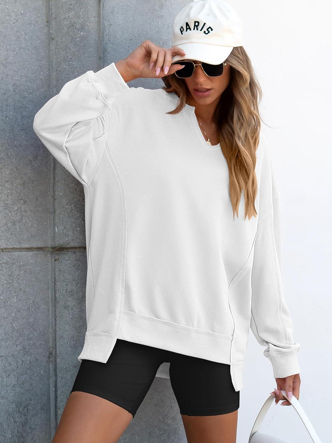 imageANRABESS Womens Oversized Sweatshirts Long Sleeve Tunic Shirts V Neck Loose Pullover Tops 2025 Trendy Fall Teen Girls OutfitWhite