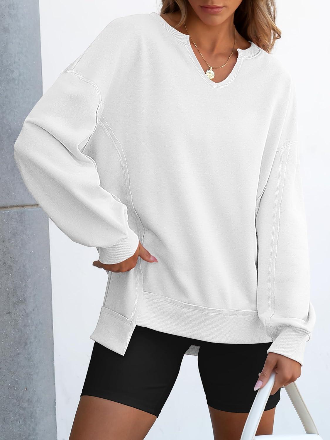 imageANRABESS Womens Oversized Sweatshirts Long Sleeve Tunic Shirts V Neck Loose Pullover Tops 2025 Trendy Fall Teen Girls OutfitWhite