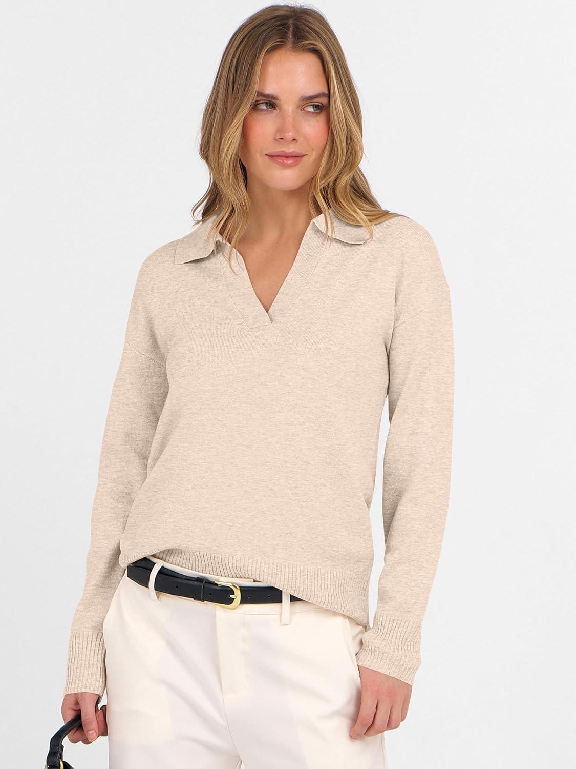 imageANRABESS Womens Polo V Neck Long Sleeve Sweaters Lightweight Dressy Casual Business Basic Knit Pullover Top 2025 Fall OutfitsAlmond