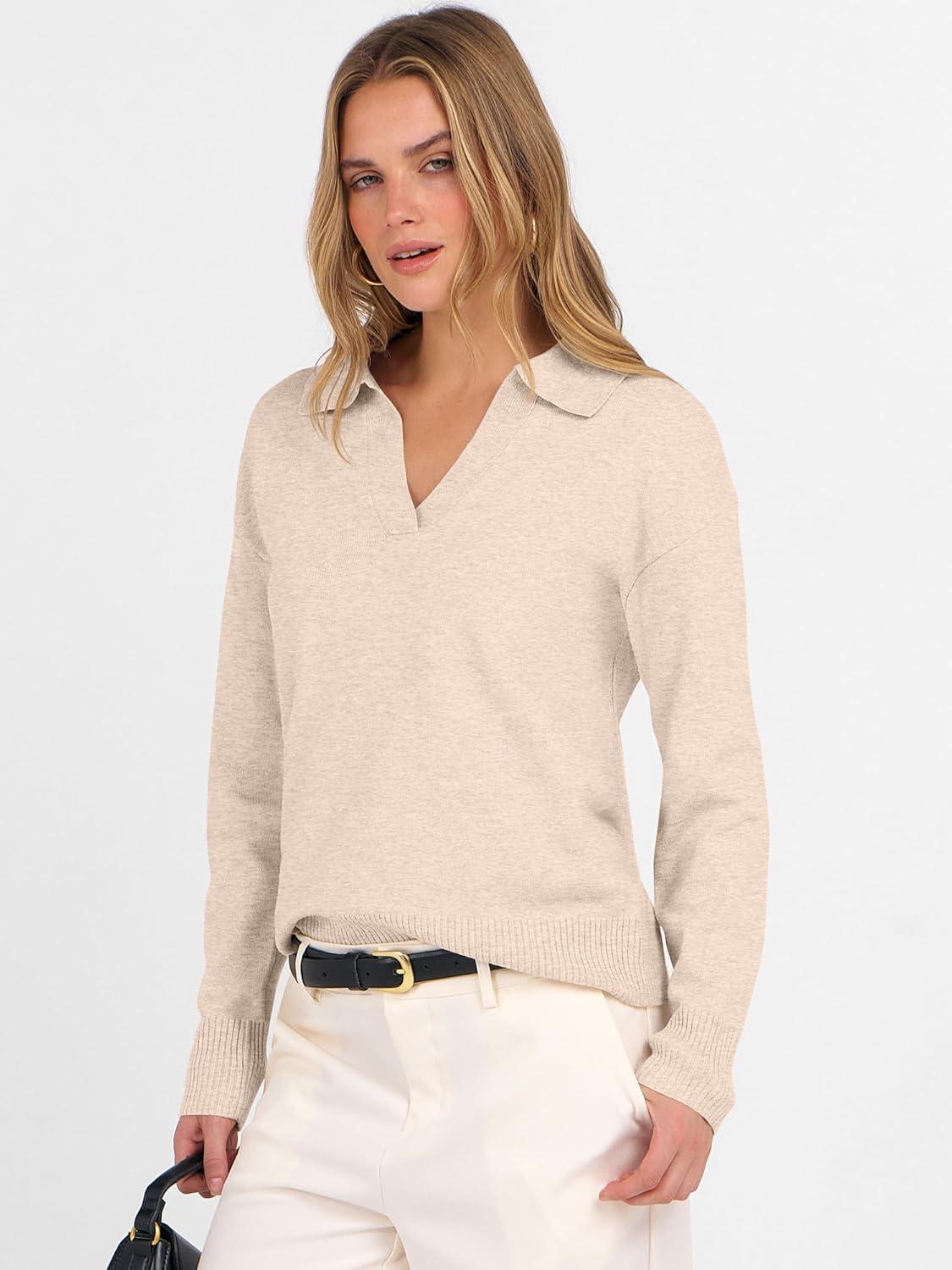 imageANRABESS Womens Polo V Neck Long Sleeve Sweaters Lightweight Dressy Casual Business Basic Knit Pullover Top 2025 Fall OutfitsAlmond