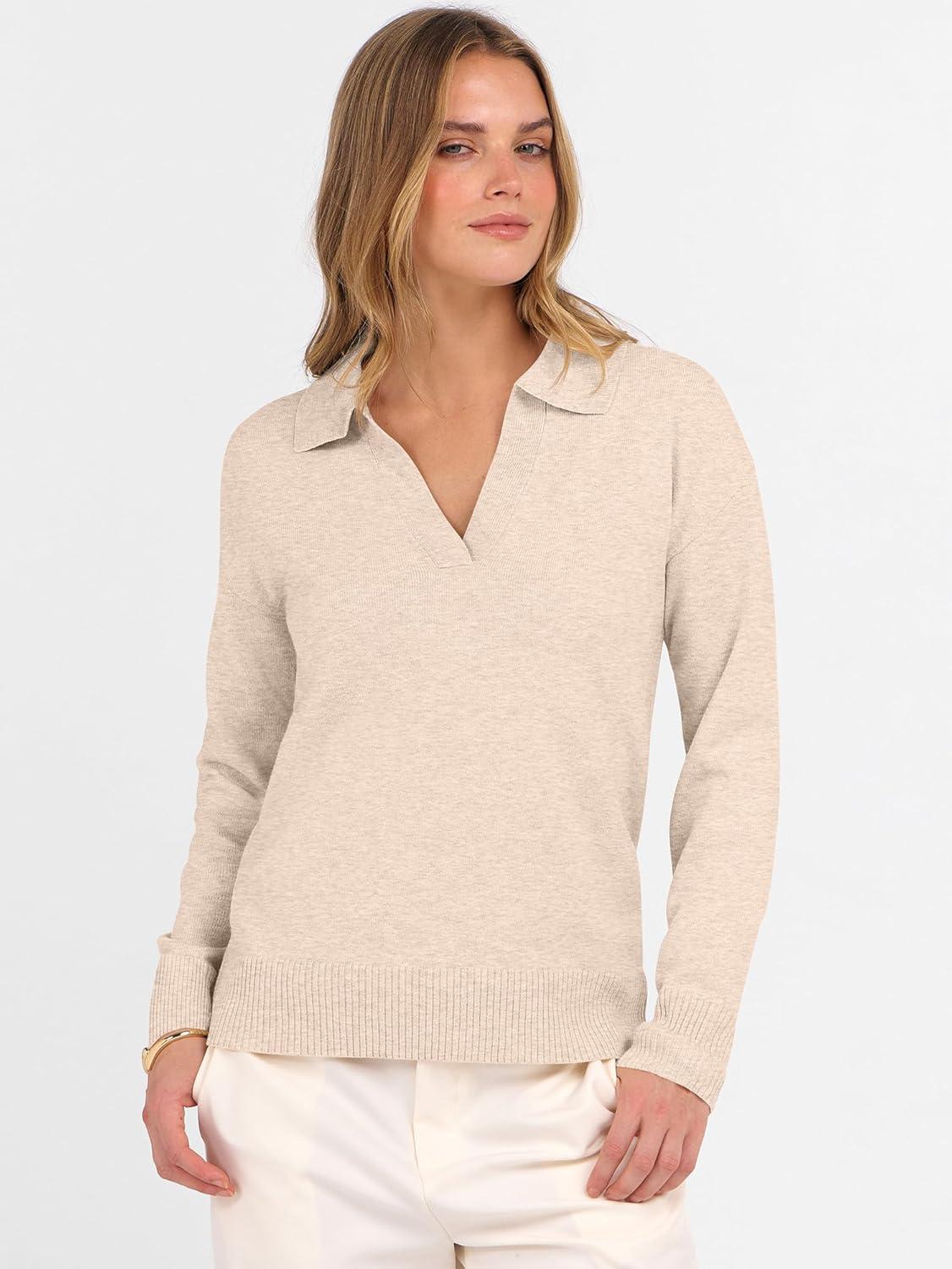 imageANRABESS Womens Polo V Neck Long Sleeve Sweaters Lightweight Dressy Casual Business Basic Knit Pullover Top 2025 Fall OutfitsAlmond