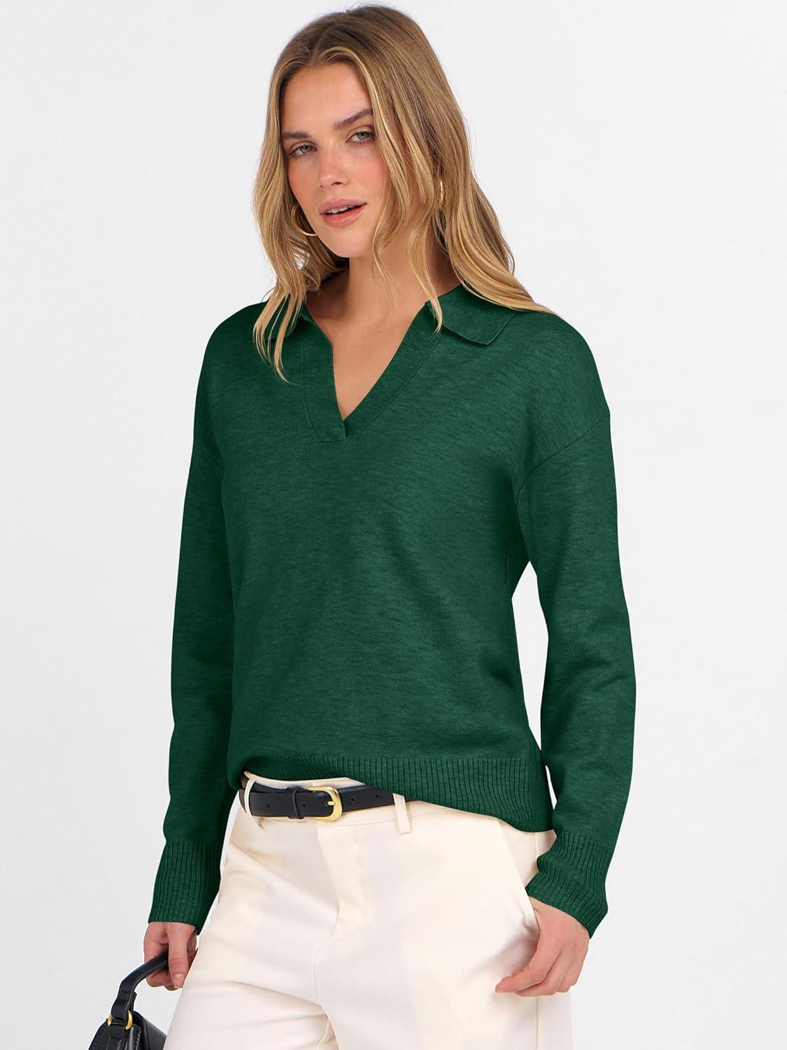 imageANRABESS Womens Polo V Neck Long Sleeve Sweaters Lightweight Dressy Casual Business Basic Knit Pullover Top 2025 Fall OutfitsForest Green