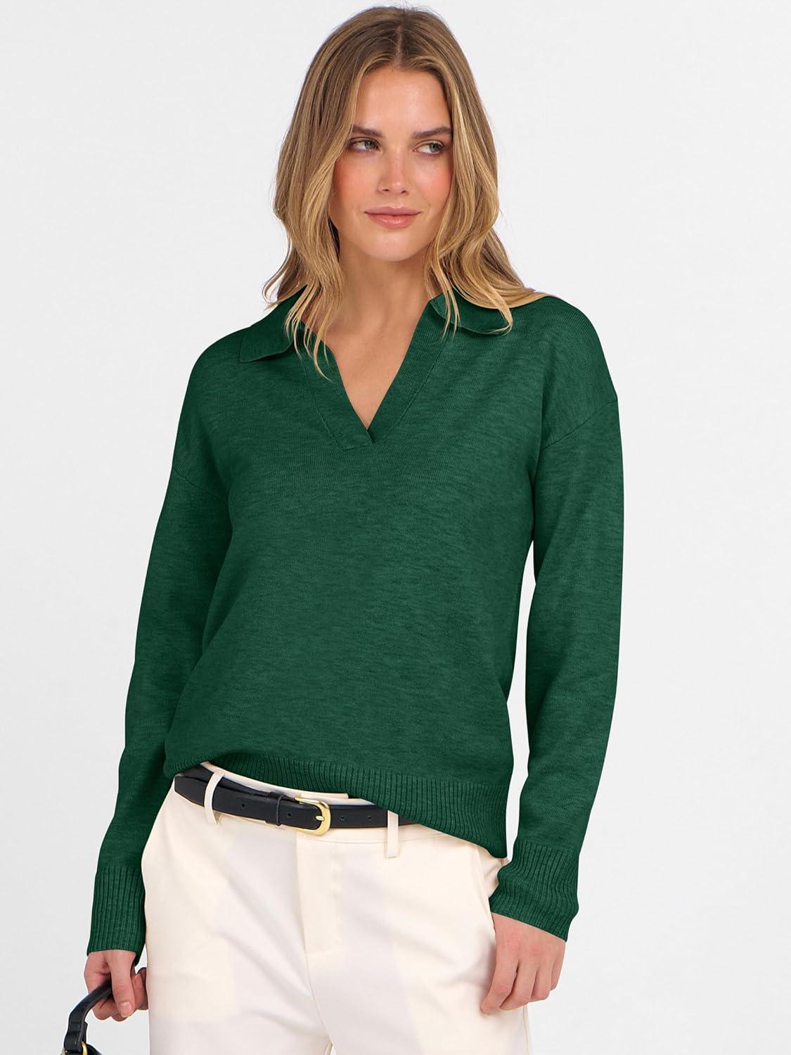 imageANRABESS Womens Polo V Neck Long Sleeve Sweaters Lightweight Dressy Casual Business Basic Knit Pullover Top 2025 Fall OutfitsForest Green