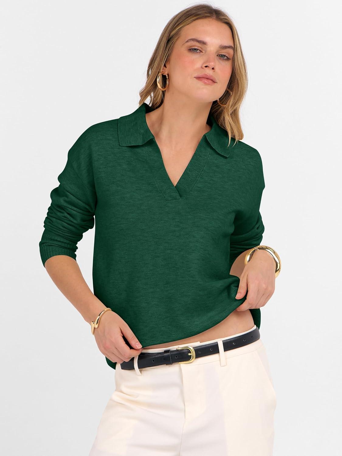 imageANRABESS Womens Polo V Neck Long Sleeve Sweaters Lightweight Dressy Casual Business Basic Knit Pullover Top 2025 Fall OutfitsForest Green