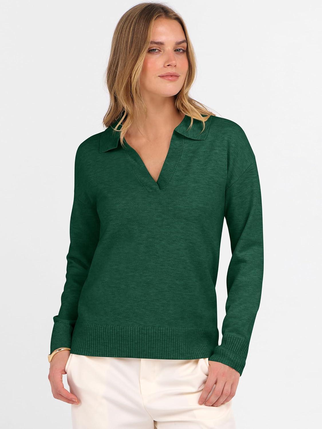 imageANRABESS Womens Polo V Neck Long Sleeve Sweaters Lightweight Dressy Casual Business Basic Knit Pullover Top 2025 Fall OutfitsForest Green