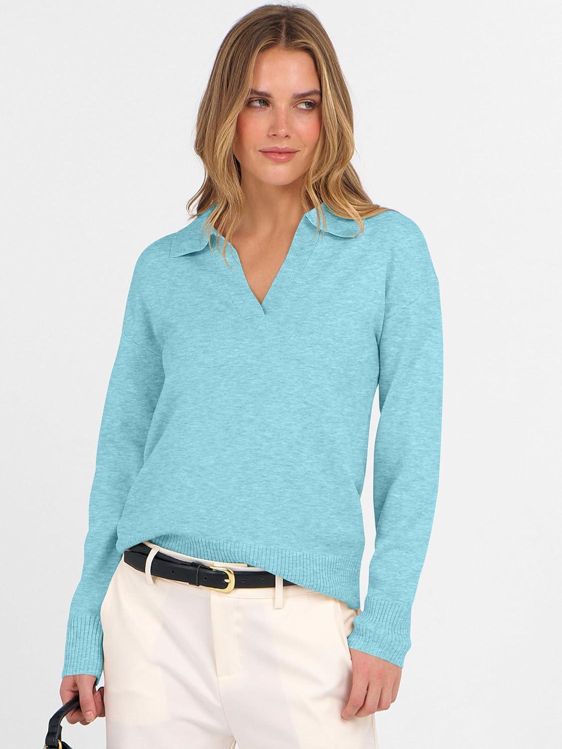 imageANRABESS Womens Polo V Neck Long Sleeve Sweaters Lightweight Dressy Casual Business Basic Knit Pullover Top 2025 Fall OutfitsLight Blue