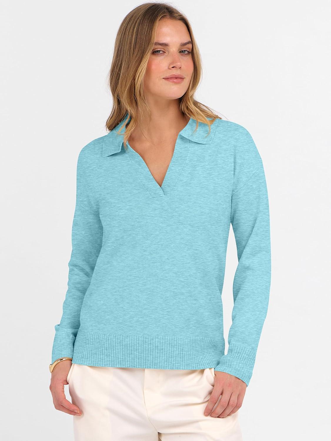 imageANRABESS Womens Polo V Neck Long Sleeve Sweaters Lightweight Dressy Casual Business Basic Knit Pullover Top 2025 Fall OutfitsLight Blue