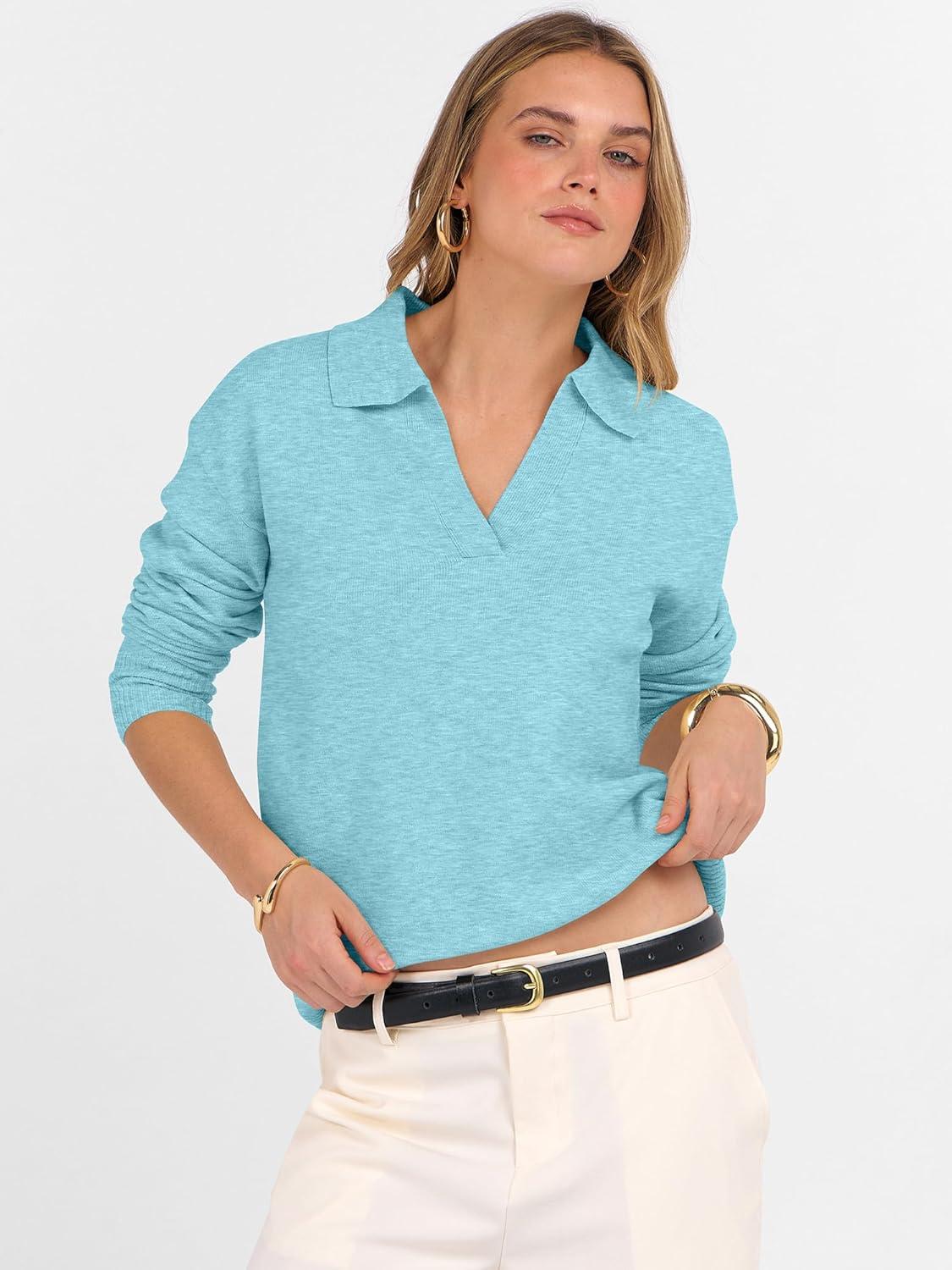 imageANRABESS Womens Polo V Neck Long Sleeve Sweaters Lightweight Dressy Casual Business Basic Knit Pullover Top 2025 Fall OutfitsLight Blue