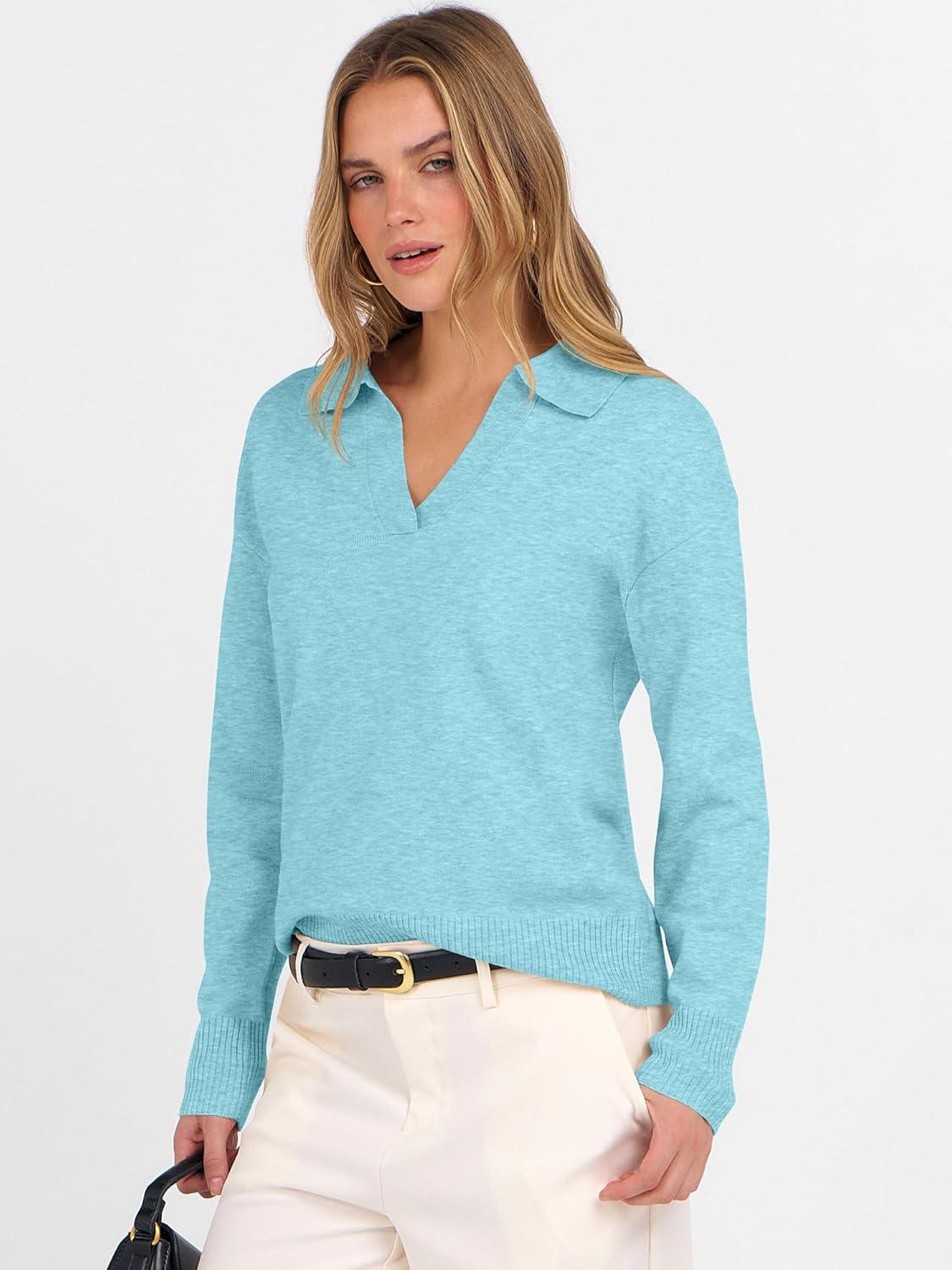 imageANRABESS Womens Polo V Neck Long Sleeve Sweaters Lightweight Dressy Casual Business Basic Knit Pullover Top 2025 Fall OutfitsLight Blue