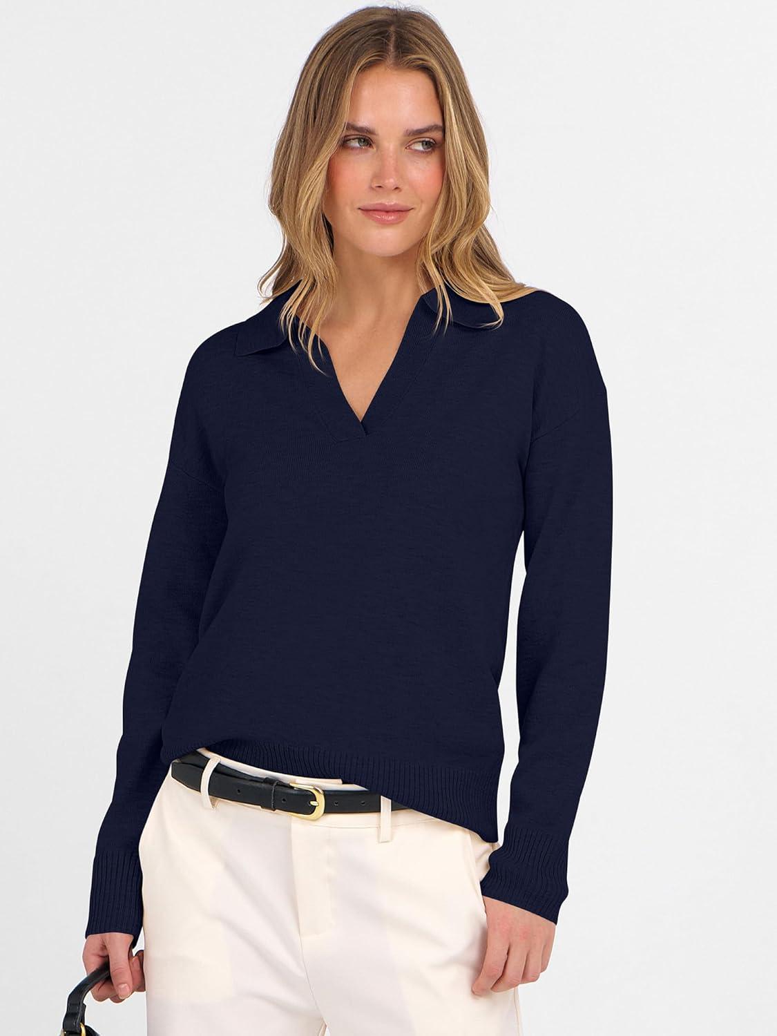 imageANRABESS Womens Polo V Neck Long Sleeve Sweaters Lightweight Dressy Casual Business Basic Knit Pullover Top 2025 Fall OutfitsNavy Blue