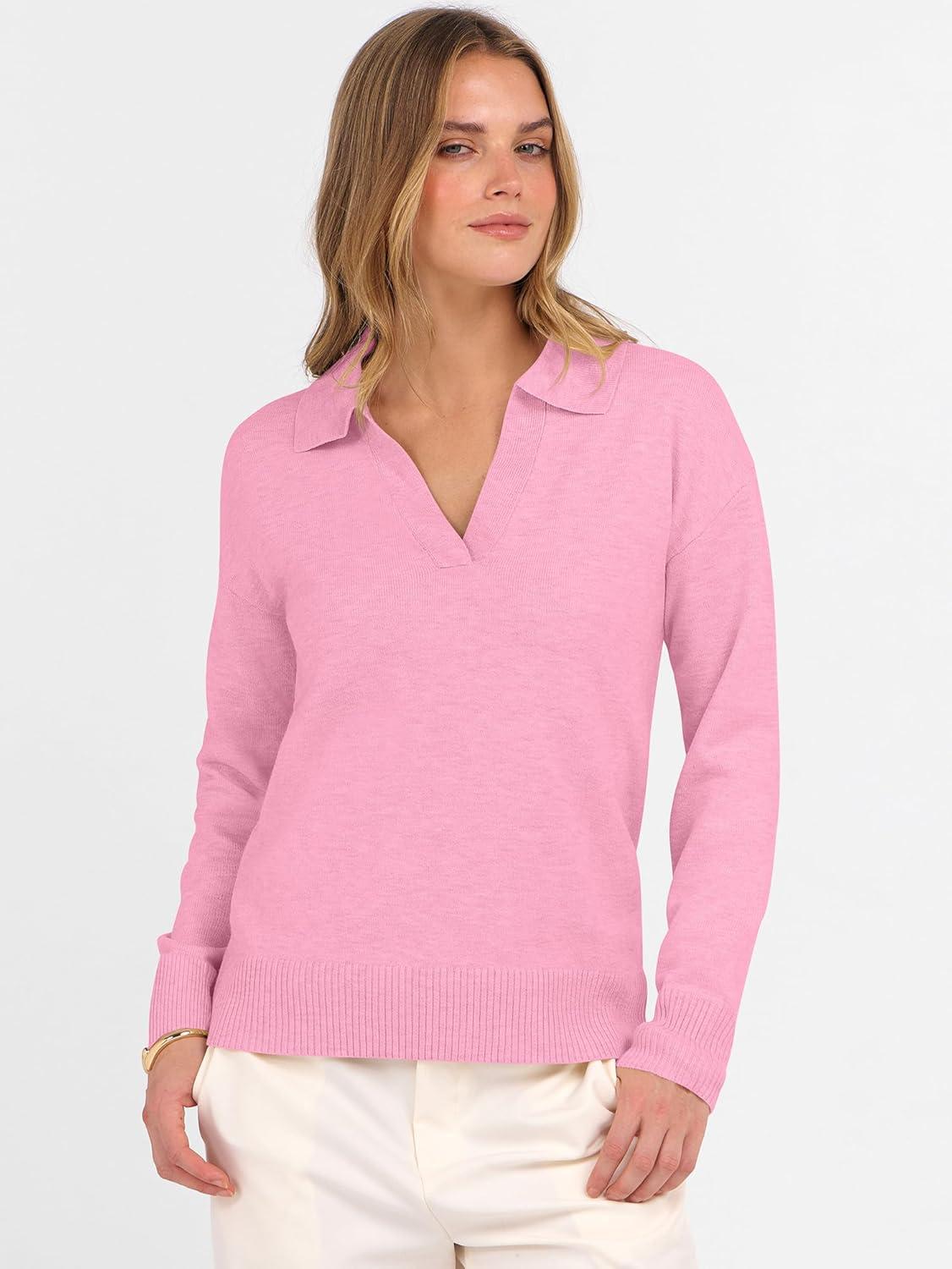imageANRABESS Womens Polo V Neck Long Sleeve Sweaters Lightweight Dressy Casual Business Basic Knit Pullover Top 2025 Fall OutfitsPink