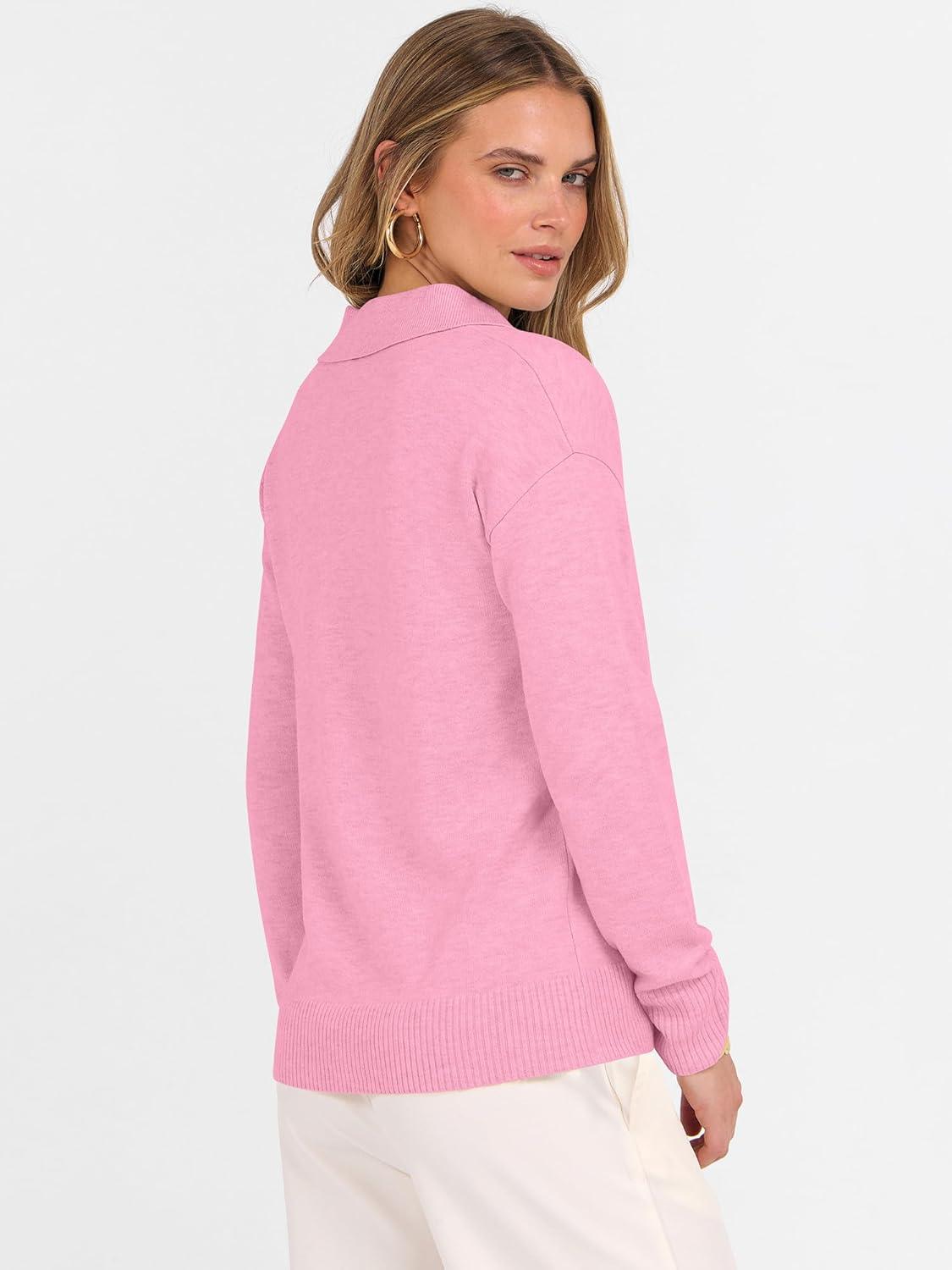 imageANRABESS Womens Polo V Neck Long Sleeve Sweaters Lightweight Dressy Casual Business Basic Knit Pullover Top 2025 Fall OutfitsPink