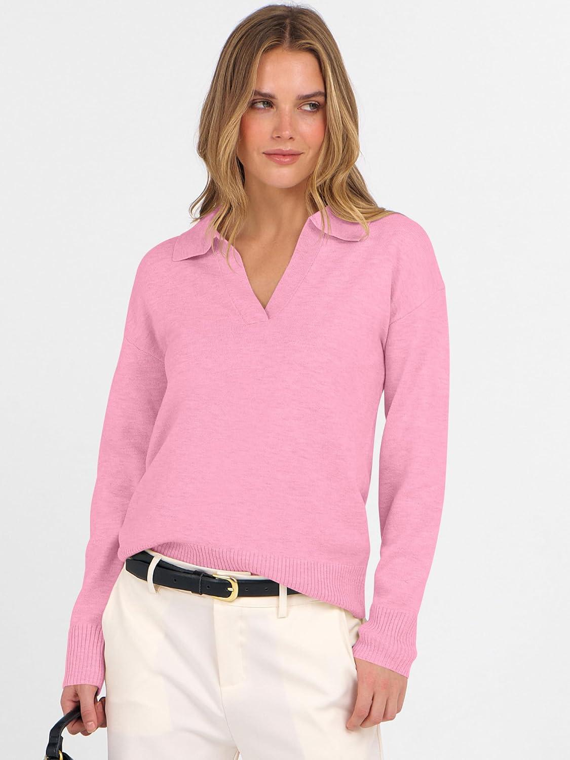 imageANRABESS Womens Polo V Neck Long Sleeve Sweaters Lightweight Dressy Casual Business Basic Knit Pullover Top 2025 Fall OutfitsPink