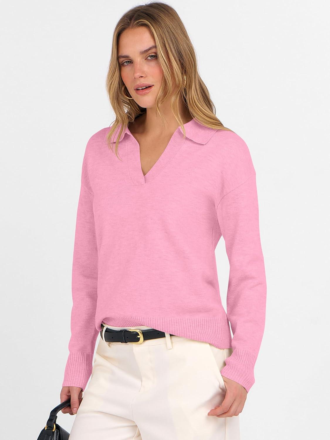 imageANRABESS Womens Polo V Neck Long Sleeve Sweaters Lightweight Dressy Casual Business Basic Knit Pullover Top 2025 Fall OutfitsPink