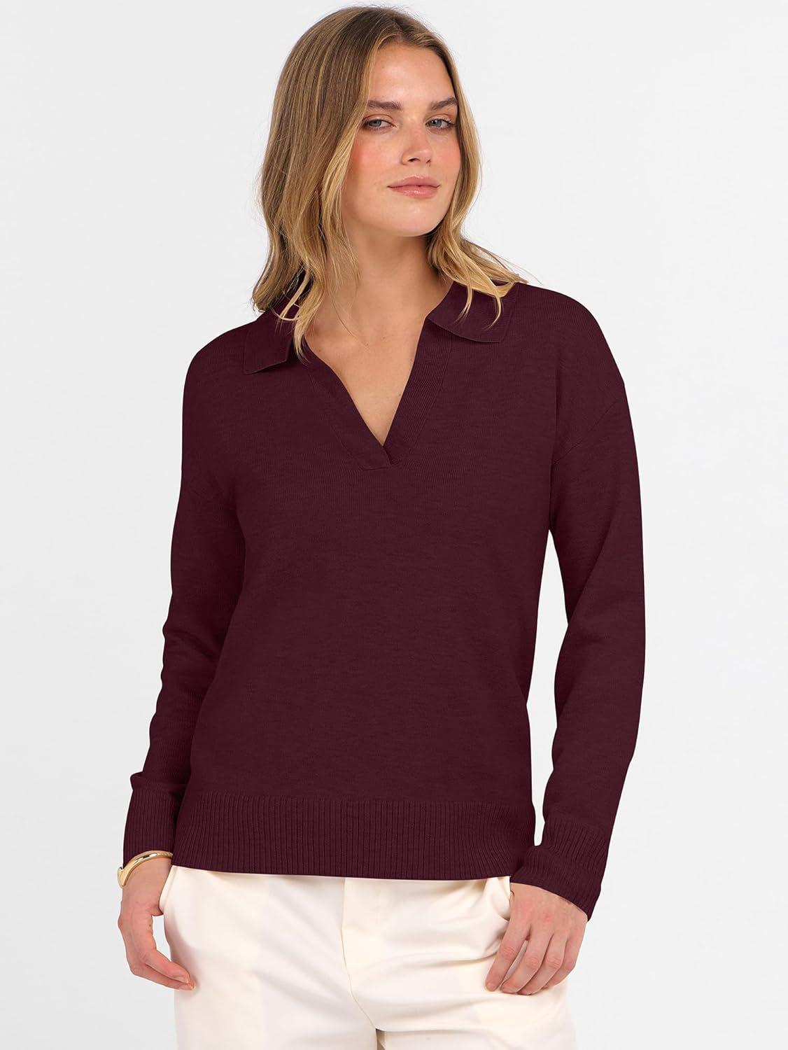 imageANRABESS Womens Polo V Neck Long Sleeve Sweaters Lightweight Dressy Casual Business Basic Knit Pullover Top 2025 Fall OutfitsRed