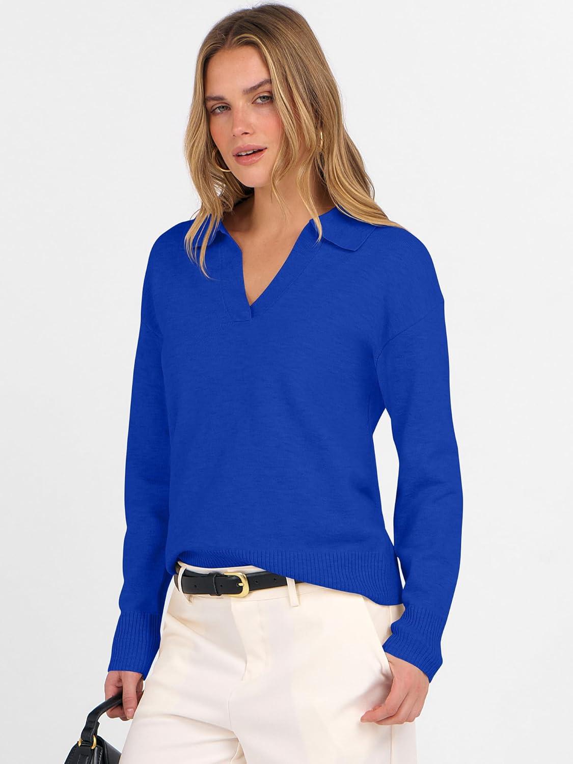 imageANRABESS Womens Polo V Neck Long Sleeve Sweaters Lightweight Dressy Casual Business Basic Knit Pullover Top 2025 Fall OutfitsRoyal Blue