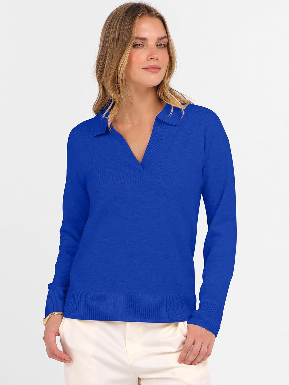 imageANRABESS Womens Polo V Neck Long Sleeve Sweaters Lightweight Dressy Casual Business Basic Knit Pullover Top 2025 Fall OutfitsRoyal Blue
