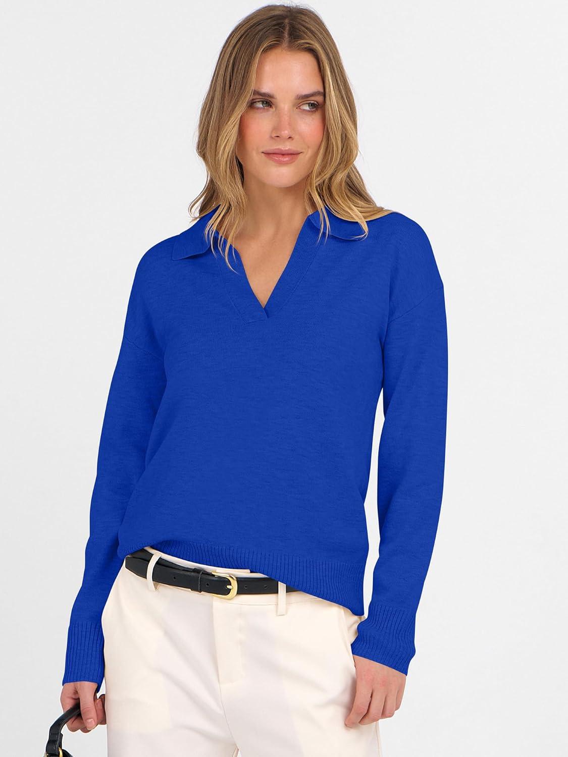 imageANRABESS Womens Polo V Neck Long Sleeve Sweaters Lightweight Dressy Casual Business Basic Knit Pullover Top 2025 Fall OutfitsRoyal Blue