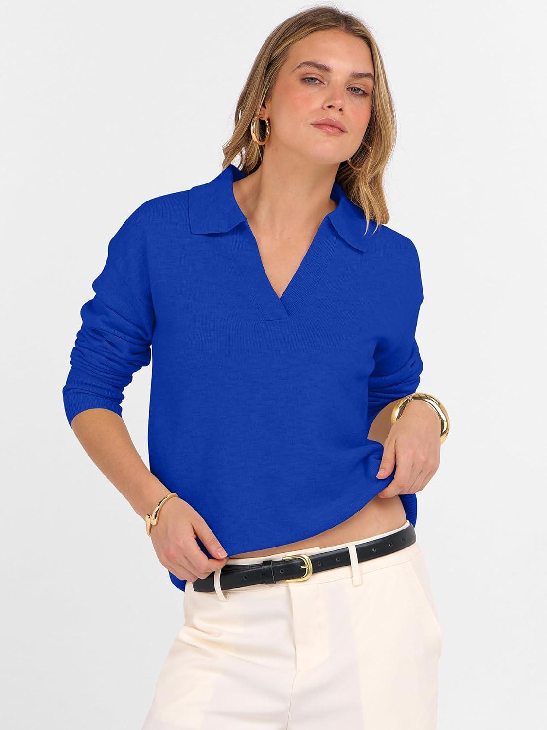 imageANRABESS Womens Polo V Neck Long Sleeve Sweaters Lightweight Dressy Casual Business Basic Knit Pullover Top 2025 Fall OutfitsRoyal Blue