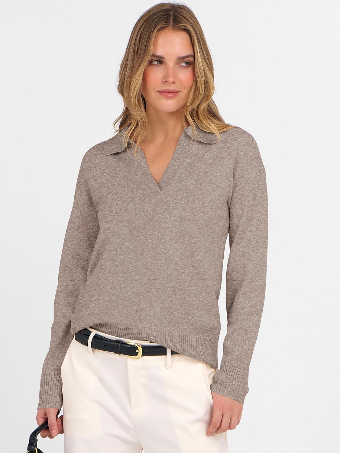 imageANRABESS Womens Polo V Neck Long Sleeve Sweaters Lightweight Dressy Casual Business Basic Knit Pullover Top 2025 Fall OutfitsTan