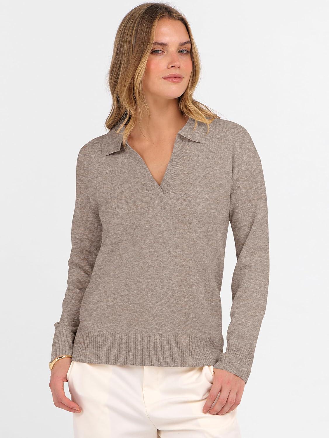 imageANRABESS Womens Polo V Neck Long Sleeve Sweaters Lightweight Dressy Casual Business Basic Knit Pullover Top 2025 Fall OutfitsTan