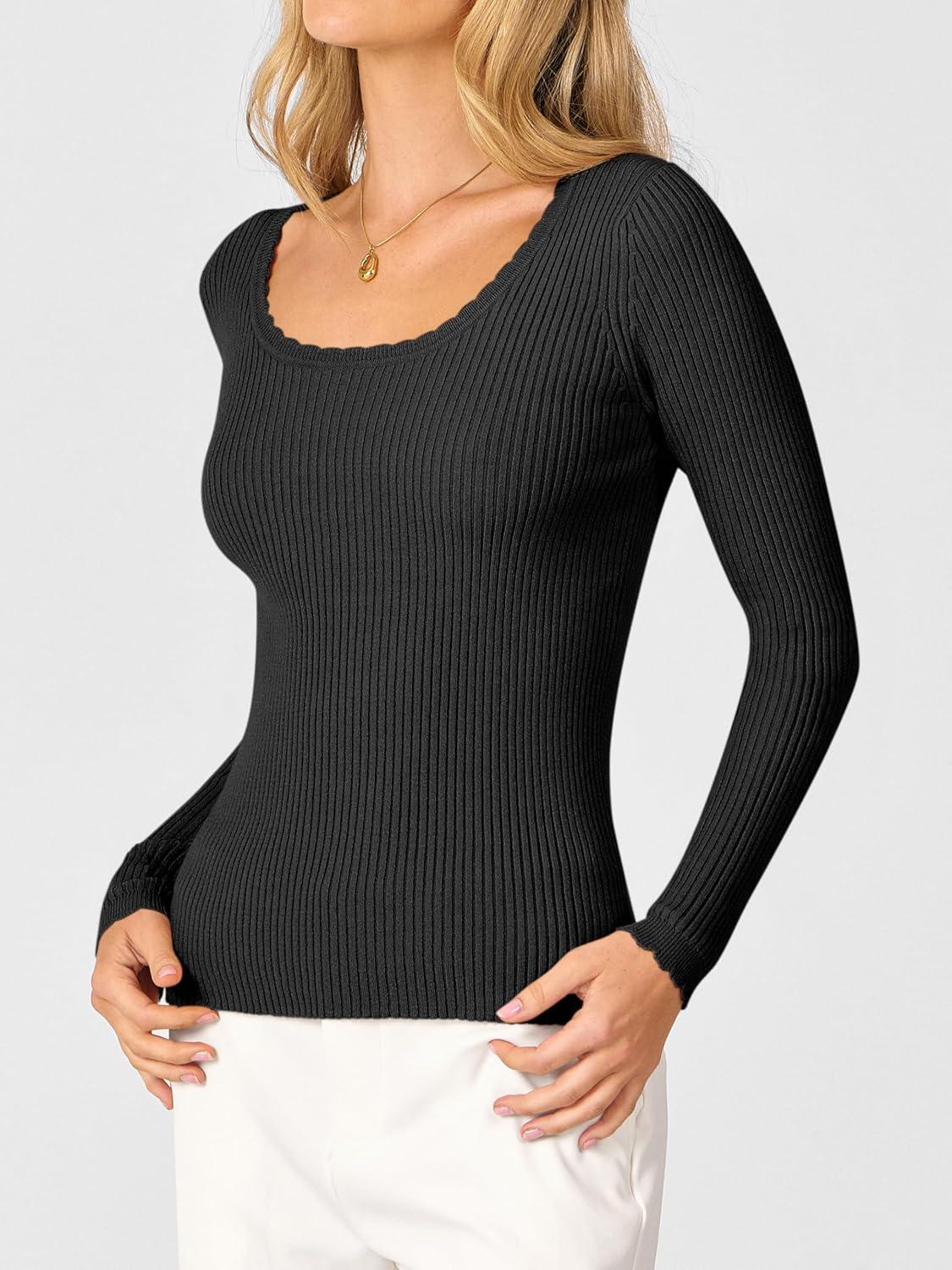 imageANRABESS Womens Ribbed Fitted Sweater Long Sleeve Shirts Scoop Neck Lightweight Casual Knit Slim Tops 2025 Fall OutfitsBlack