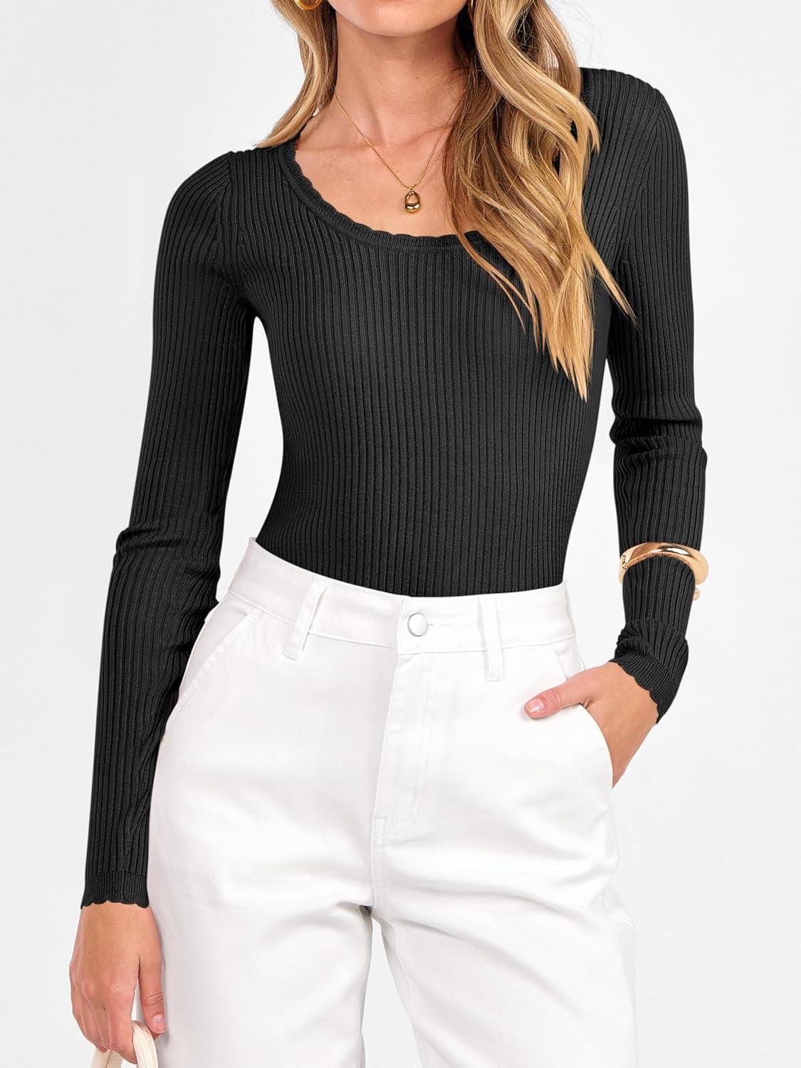 imageANRABESS Womens Ribbed Fitted Sweater Long Sleeve Shirts Scoop Neck Lightweight Casual Knit Slim Tops 2025 Fall OutfitsBlack