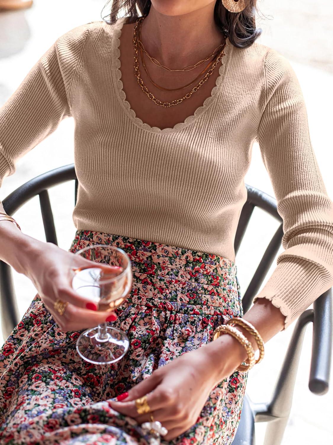 imageANRABESS Womens Ribbed Fitted Sweater Long Sleeve Shirts Scoop Neck Lightweight Casual Knit Slim Tops 2025 Fall OutfitsBright Tan