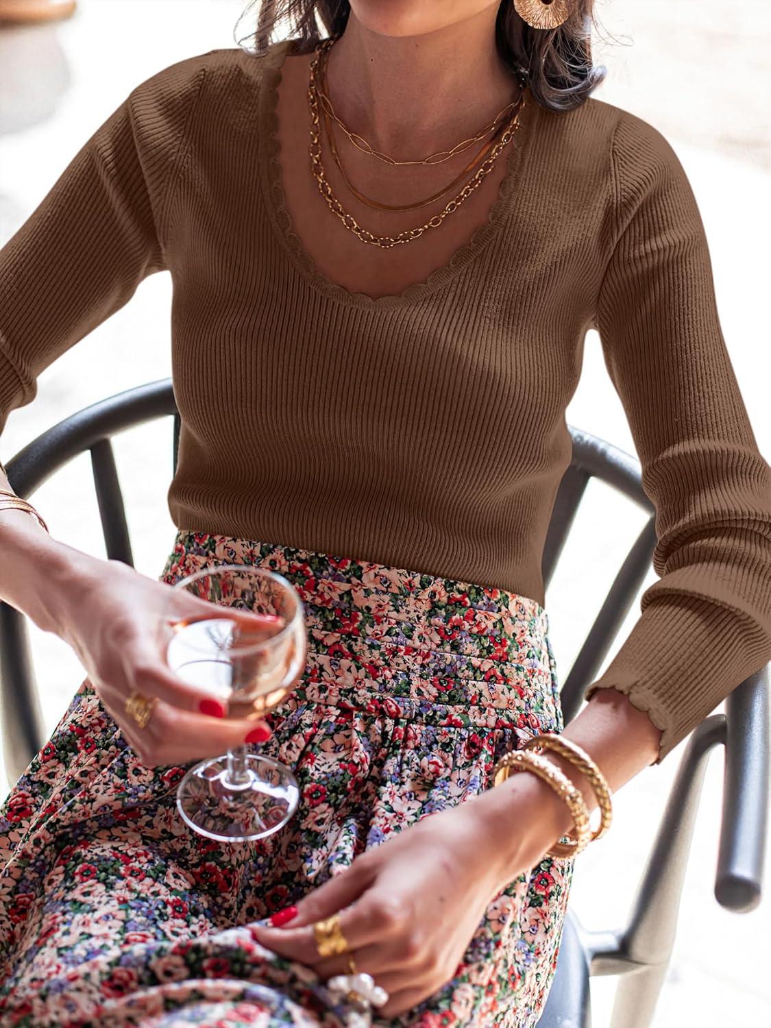 imageANRABESS Womens Ribbed Fitted Sweater Long Sleeve Shirts Scoop Neck Lightweight Casual Knit Slim Tops 2025 Fall OutfitsBrown