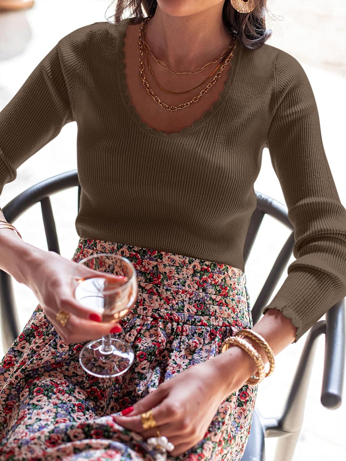 imageANRABESS Womens Ribbed Fitted Sweater Long Sleeve Shirts Scoop Neck Lightweight Casual Knit Slim Tops 2025 Fall OutfitsCoffee