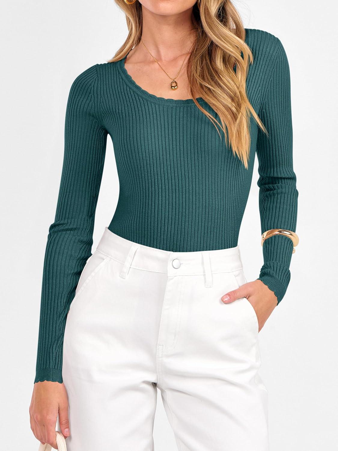imageANRABESS Womens Ribbed Fitted Sweater Long Sleeve Shirts Scoop Neck Lightweight Casual Knit Slim Tops 2025 Fall OutfitsDark Green