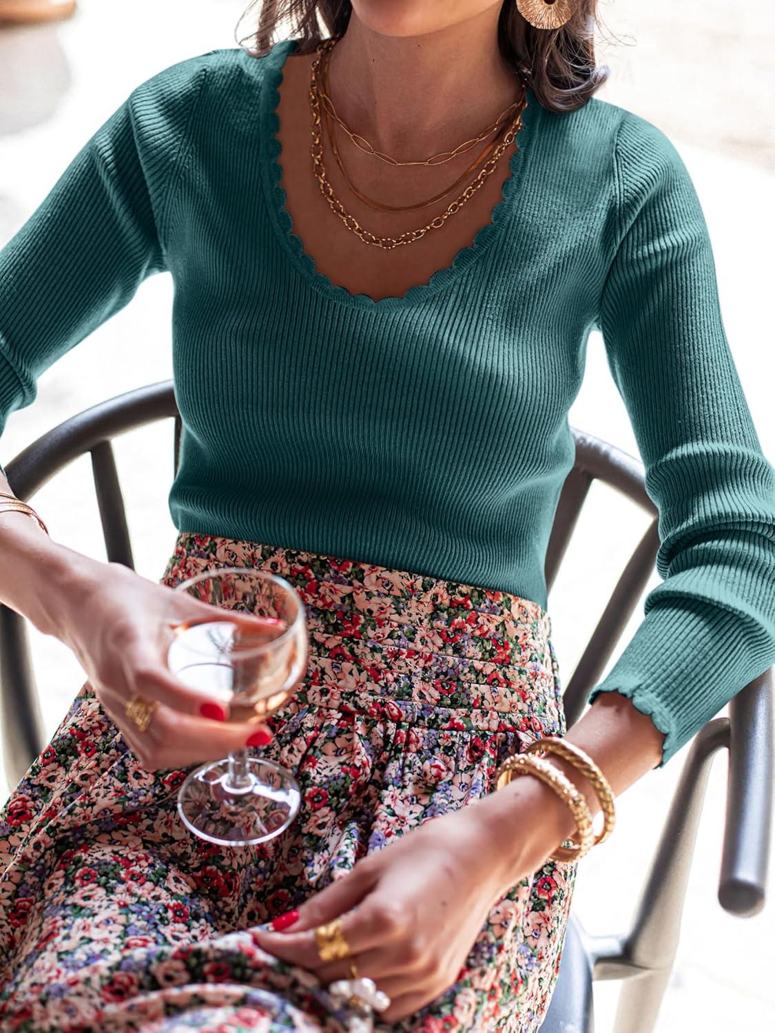 imageANRABESS Womens Ribbed Fitted Sweater Long Sleeve Shirts Scoop Neck Lightweight Casual Knit Slim Tops 2025 Fall OutfitsDark Green