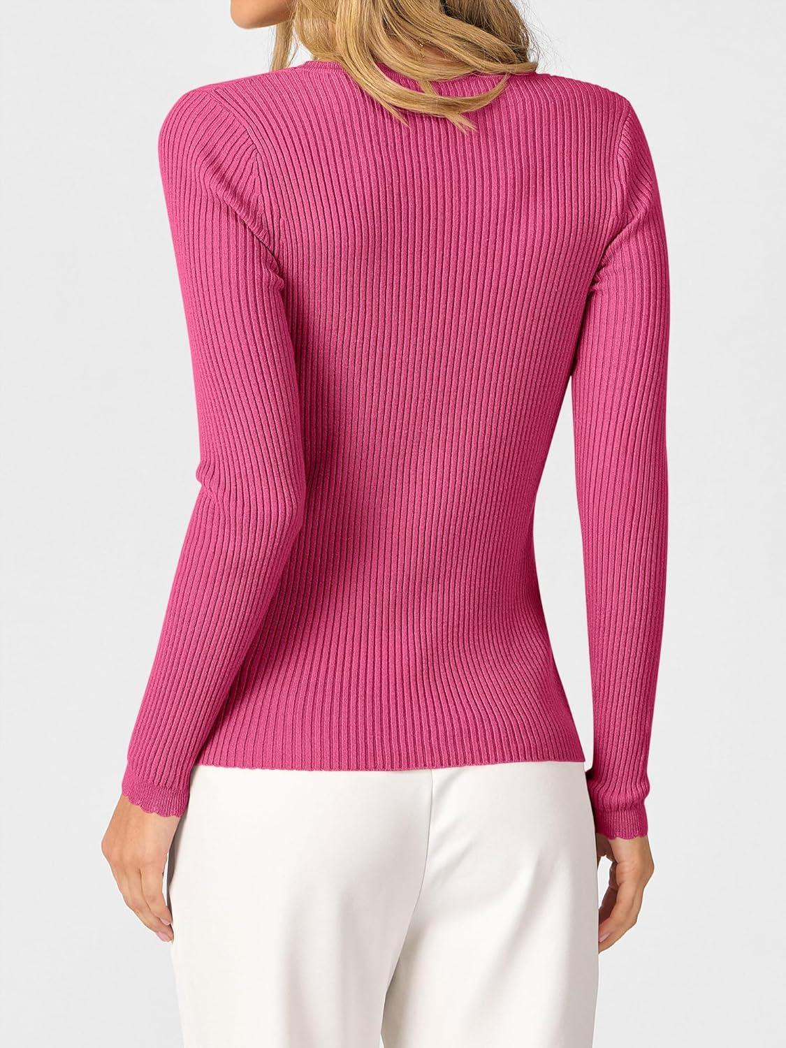 imageANRABESS Womens Ribbed Fitted Sweater Long Sleeve Shirts Scoop Neck Lightweight Casual Knit Slim Tops 2025 Fall OutfitsHot Pink