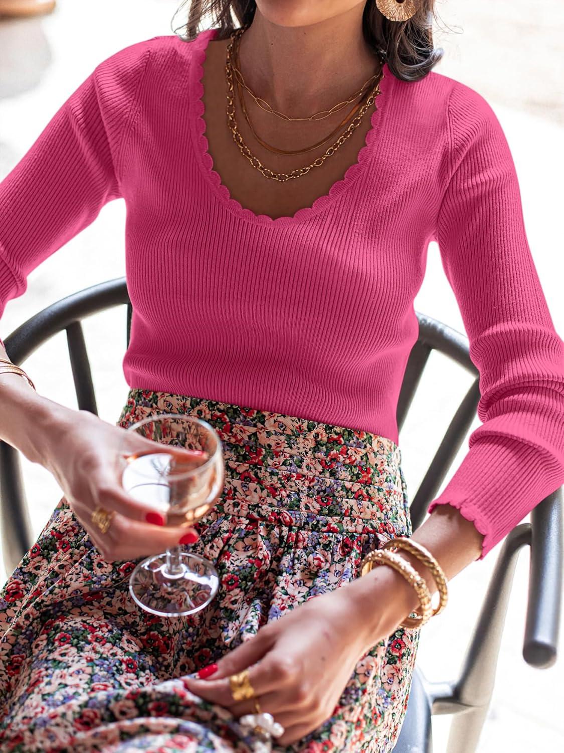 imageANRABESS Womens Ribbed Fitted Sweater Long Sleeve Shirts Scoop Neck Lightweight Casual Knit Slim Tops 2025 Fall OutfitsHot Pink