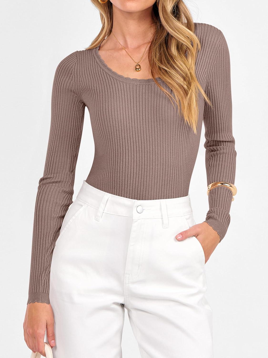 imageANRABESS Womens Ribbed Fitted Sweater Long Sleeve Shirts Scoop Neck Lightweight Casual Knit Slim Tops 2025 Fall OutfitsNutmeg
