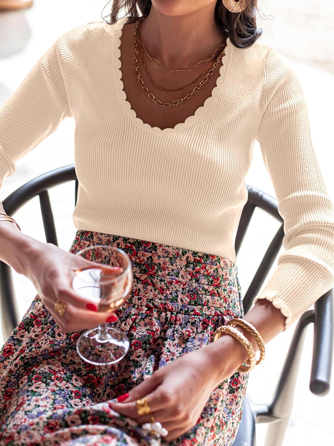 imageANRABESS Womens Ribbed Fitted Sweater Long Sleeve Shirts Scoop Neck Lightweight Casual Knit Slim Tops 2025 Fall OutfitsParchment