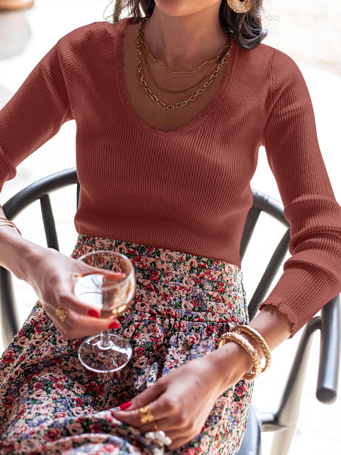 imageANRABESS Womens Ribbed Fitted Sweater Long Sleeve Shirts Scoop Neck Lightweight Casual Knit Slim Tops 2025 Fall OutfitsRust