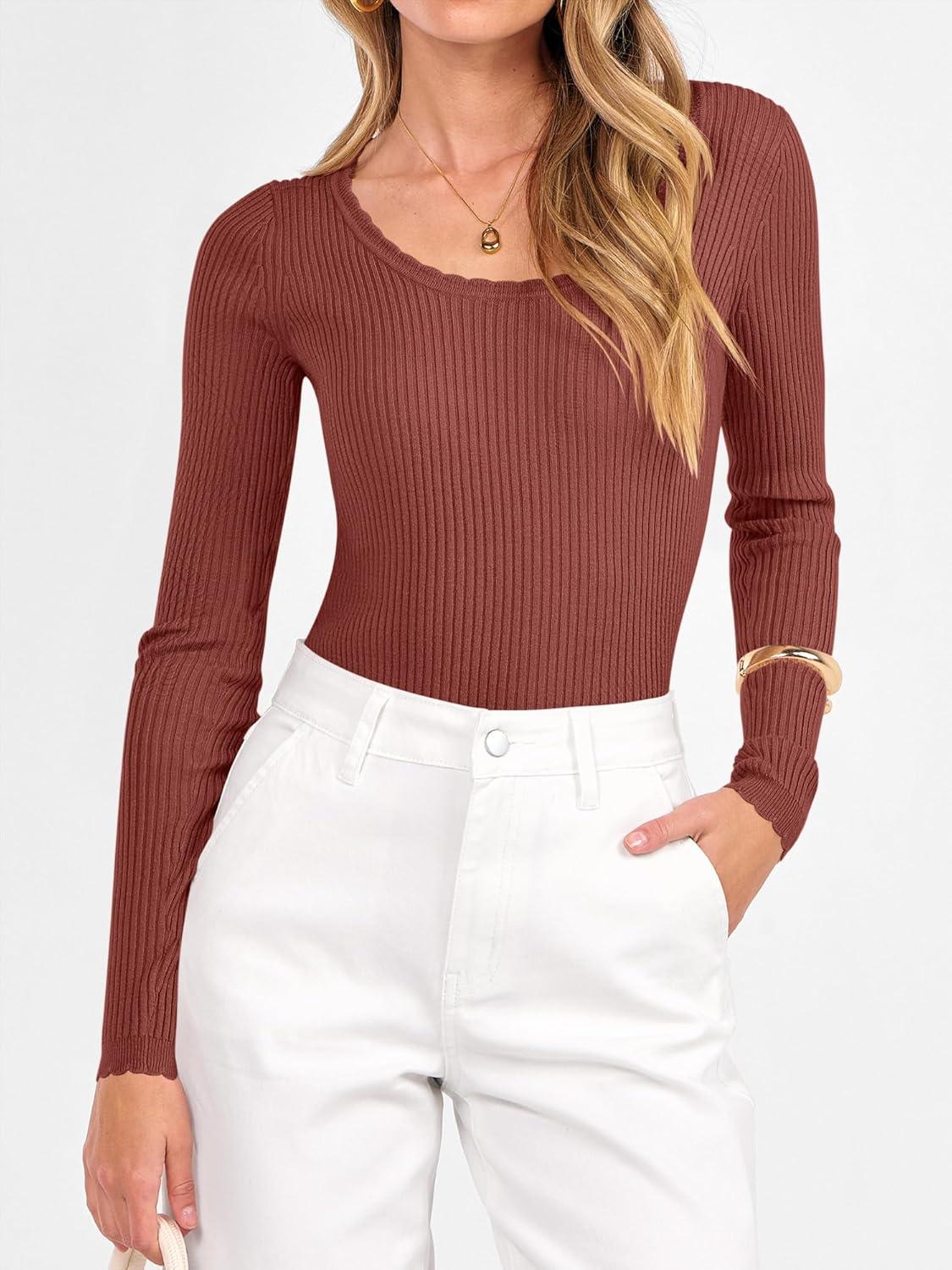 imageANRABESS Womens Ribbed Fitted Sweater Long Sleeve Shirts Scoop Neck Lightweight Casual Knit Slim Tops 2025 Fall OutfitsRust