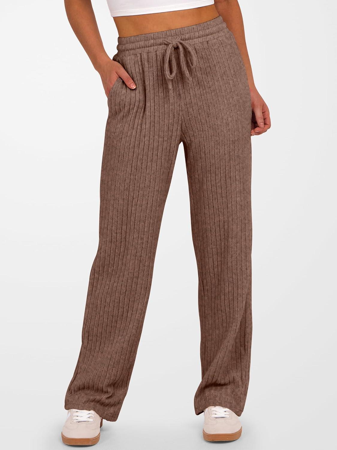 imageANRABESS Womens Ribbed Knit Lounge Pajama Pants Soft Fuzzy Comfy Straight Leg Drawstring Fall Loose Pj Bottoms with PocketsDark Brown