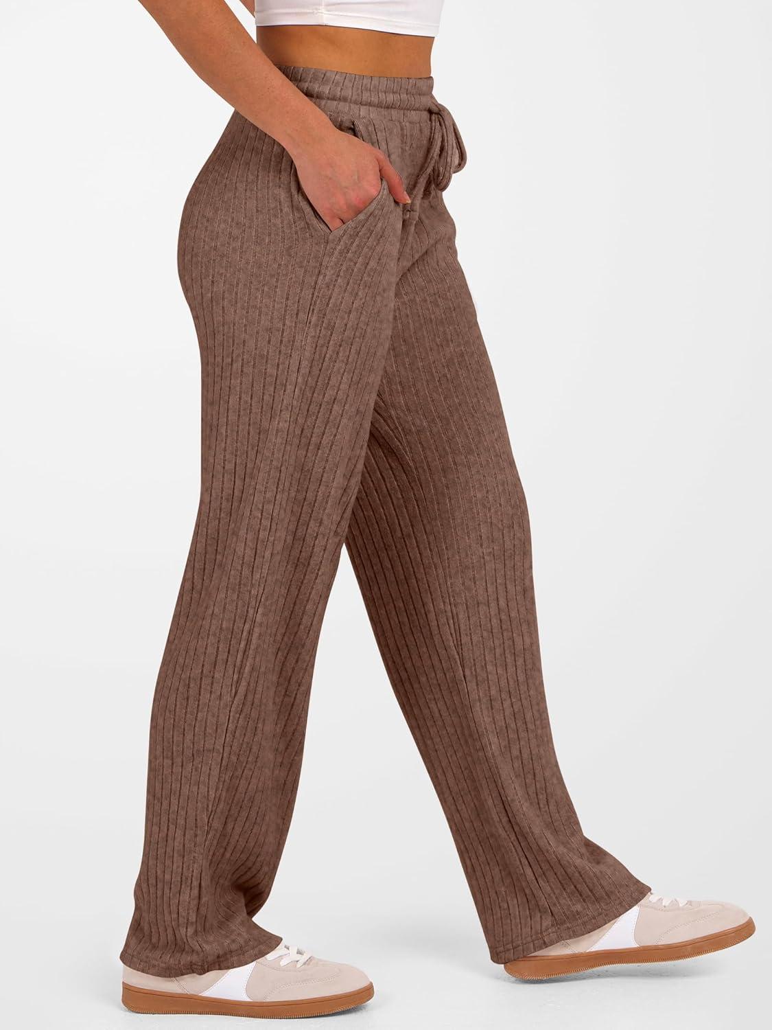 imageANRABESS Womens Ribbed Knit Lounge Pajama Pants Soft Fuzzy Comfy Straight Leg Drawstring Fall Loose Pj Bottoms with PocketsDark Brown
