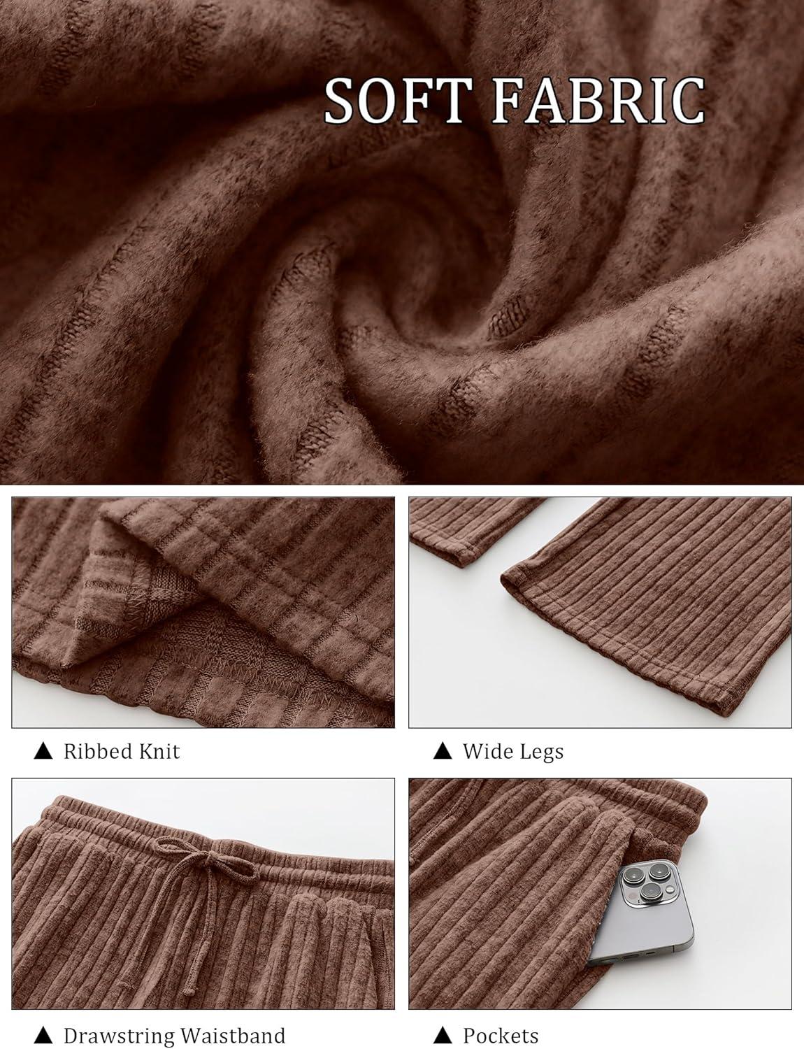 imageANRABESS Womens Ribbed Knit Lounge Pajama Pants Soft Fuzzy Comfy Straight Leg Drawstring Fall Loose Pj Bottoms with PocketsDark Brown